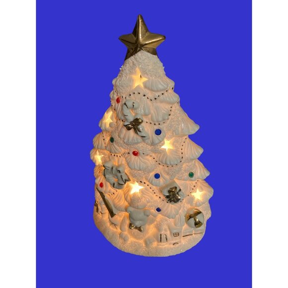Ceramic Light-Up Christmas Tree With Decorations And Gold Colored Accents - Picture 9 of 10
